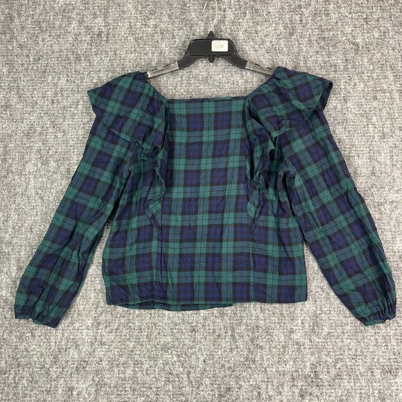 J Crew‎ Shirt Womens Small Square Neck Crop Plaid Ruffled Blouse Business Career - Picture 6 of 11
